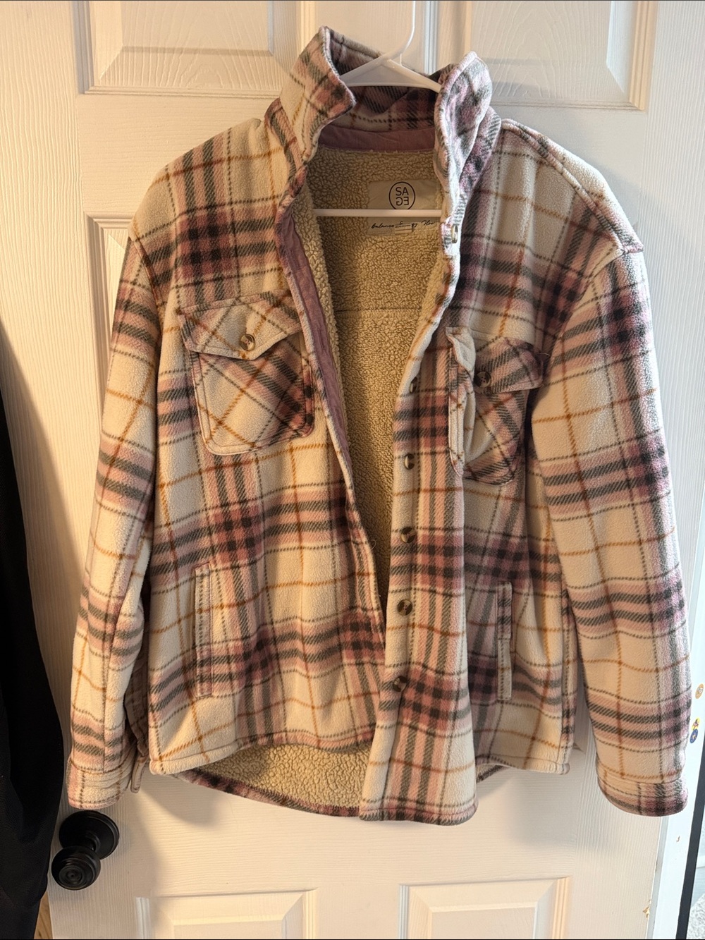 Sherpa-Lined Plaid Shacket Jacket - Pink & Cream